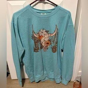 Teal Sweatshirt with Floral Bull Skull Design